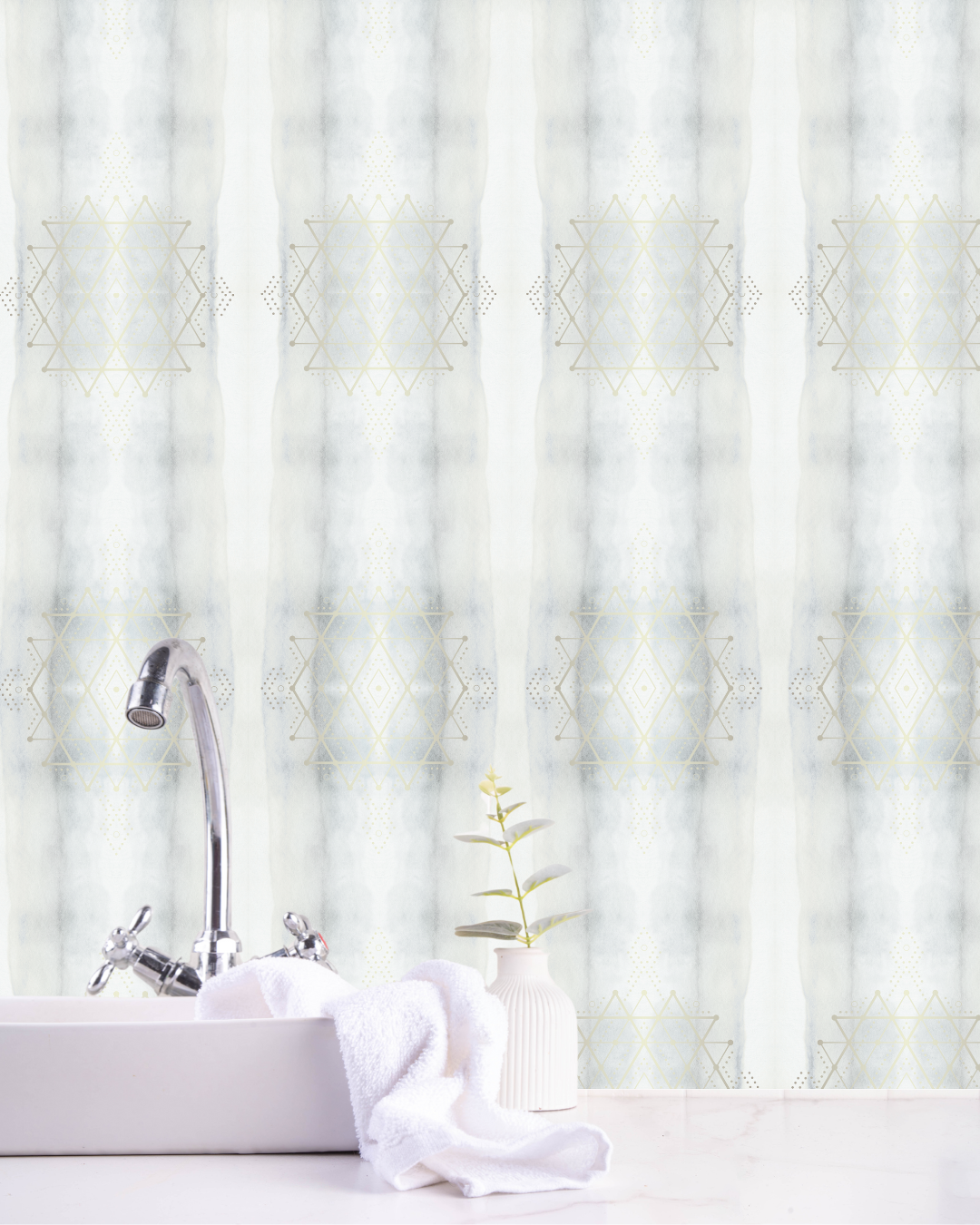 Release Collection removable peel and stick wallpaper in Blue Smoke, shown in a luxury bathroom. Encoded with light codes for emotional letting go and renewal by Sacred Interior.