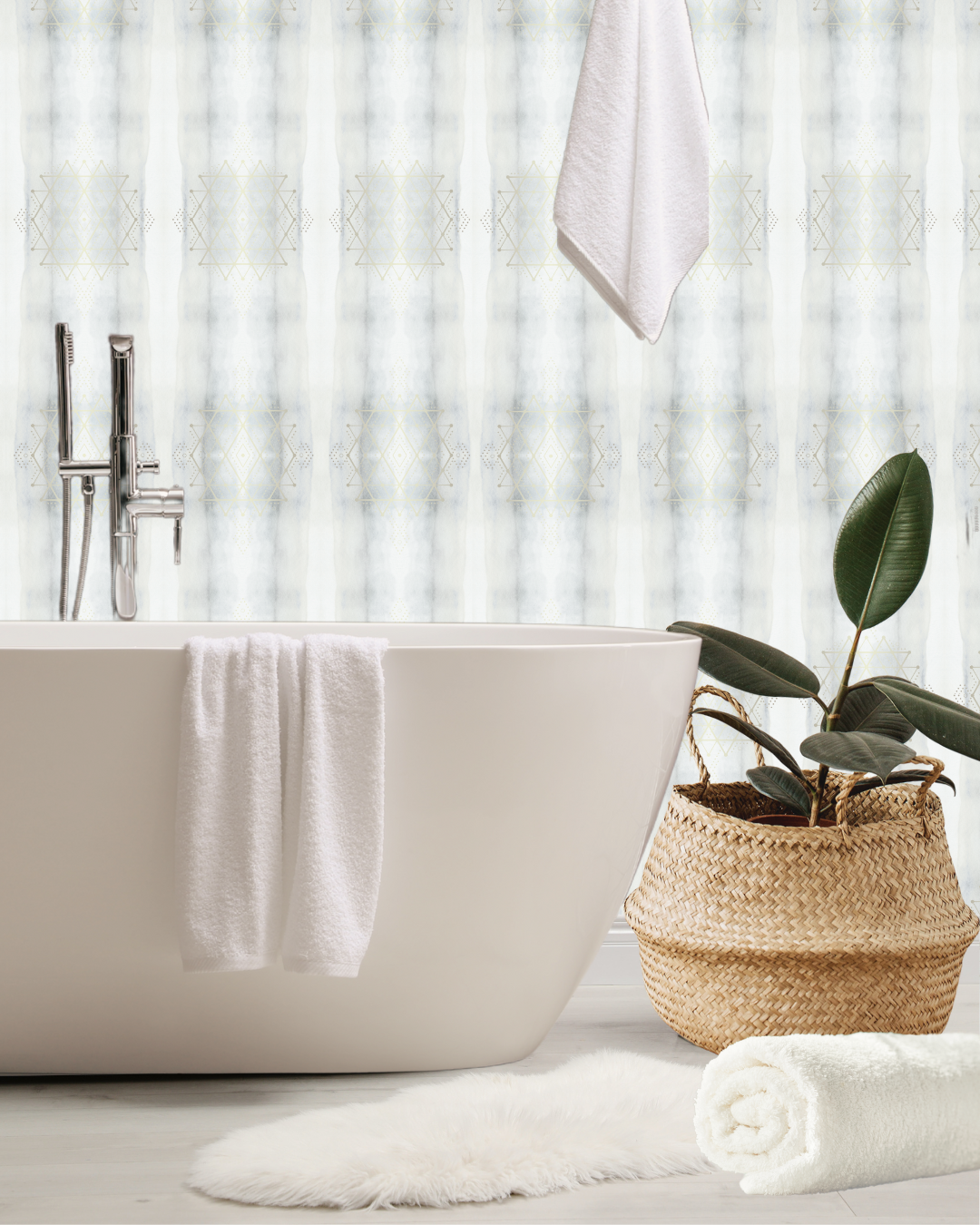 Release Collection removable peel and stick wallpaper in Blue Smoke, shown in a boho bathroom. Encoded with light codes for emotional letting go and renewal by Sacred Interior.