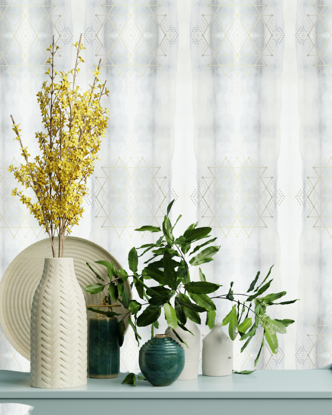 Release Collection removable peel and stick wallpaper in Blue Smoke, shown in a mindful design home. Encoded with light codes for emotional letting go and renewal by Sacred Interior.