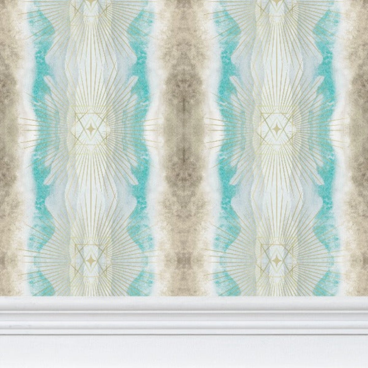 Bright, light-coded wallpaper featuring uplifting sacred symbols, created to evoke joy, hope, and positivity in a modern home in the color aqua