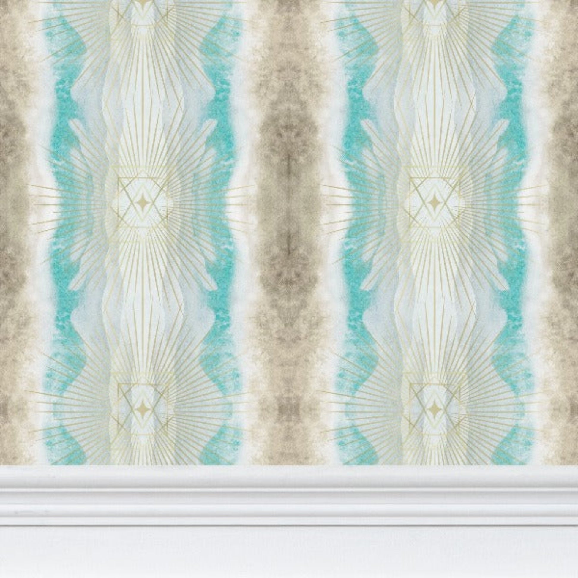Bright, light-coded wallpaper featuring uplifting sacred symbols, created to evoke joy, hope, and positivity in a modern home in the color aqua