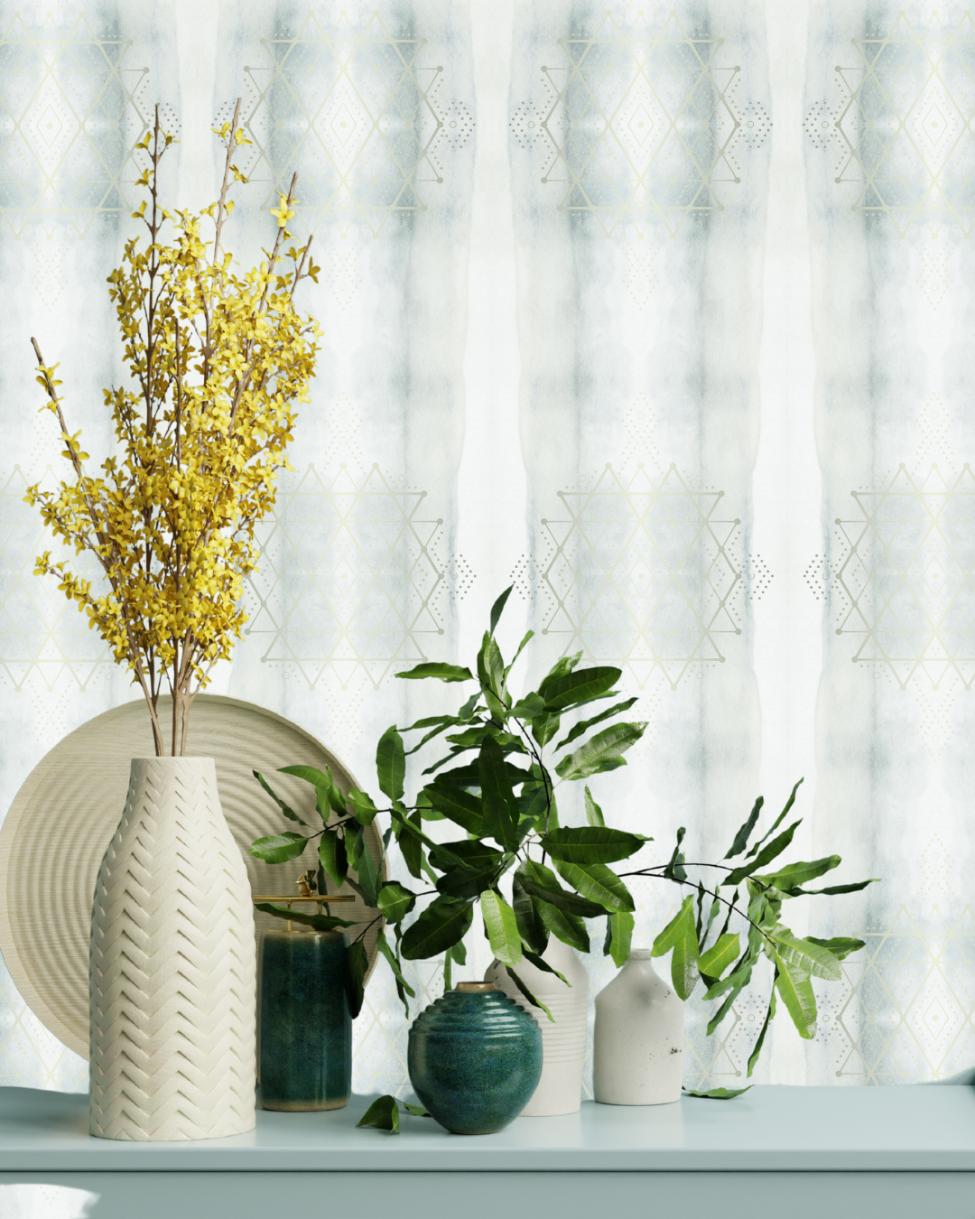 Sacred geometry peel and stick wallpaper in Sage Smoke, shown in a mindful interior. Encoded with light codes for emotional letting go and renewal by Sacred Interior.