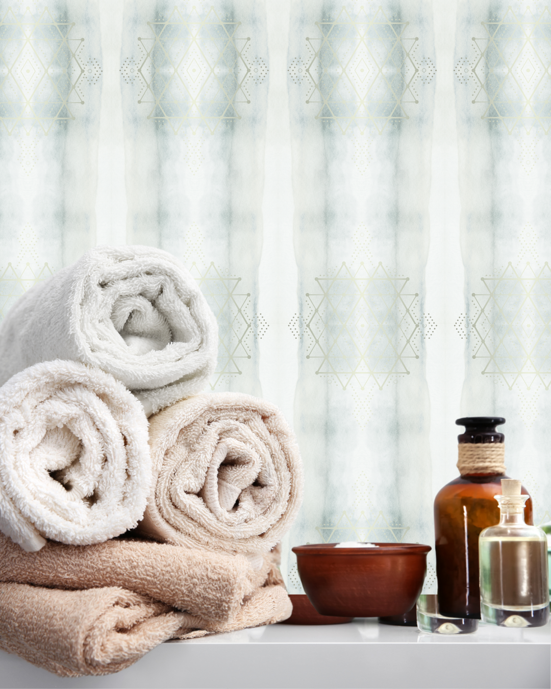 Release Collection peel and stick wallpaper in Sage Smoke, shown in a healing space. Encoded with light codes for emotional letting go and renewal by Sacred Interior.