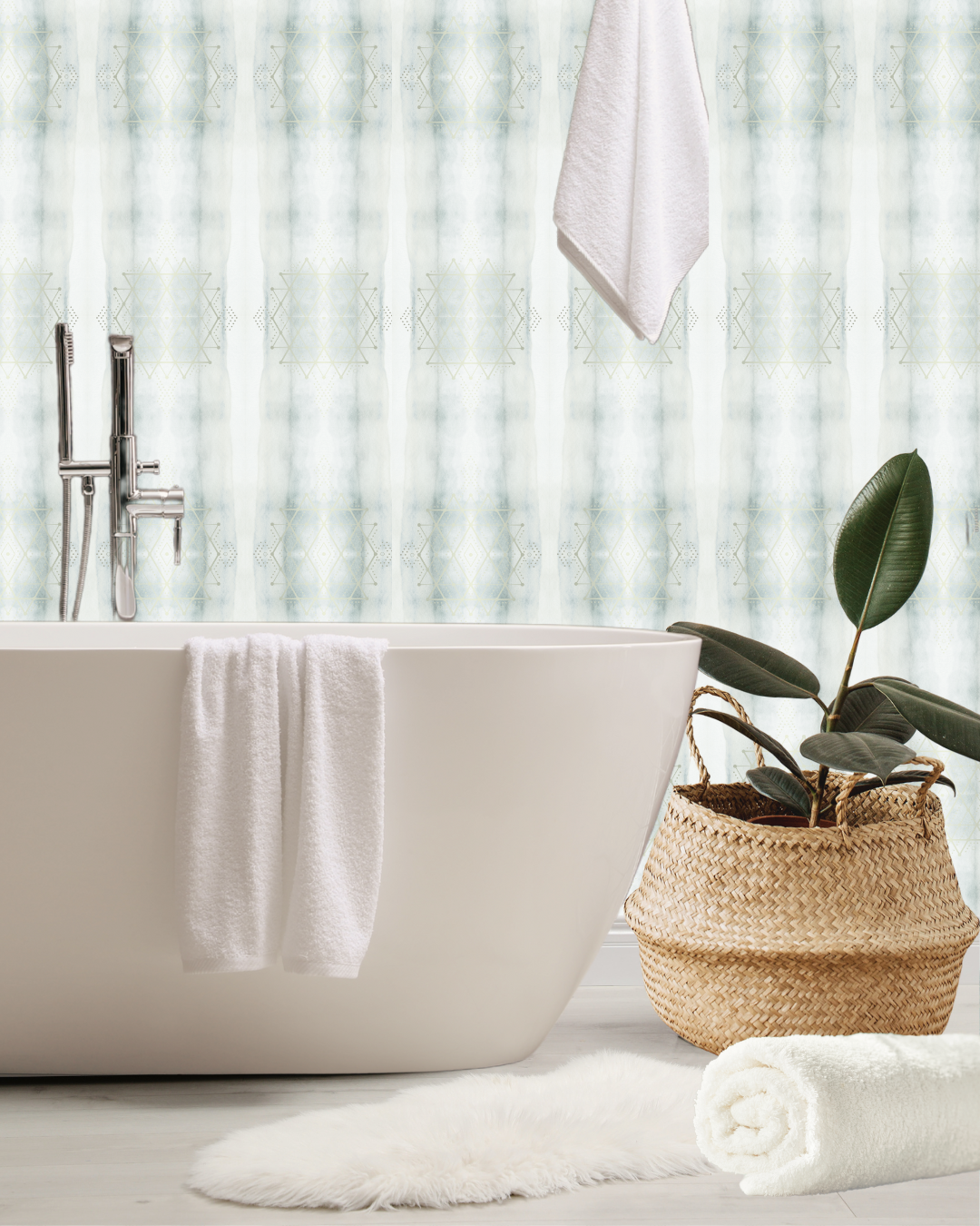 Release Collection peel and stick wallpaper in Sage Smoke, shown in a boho bathroom. Encoded with light codes for emotional letting go and surrender by Sacred Interior.